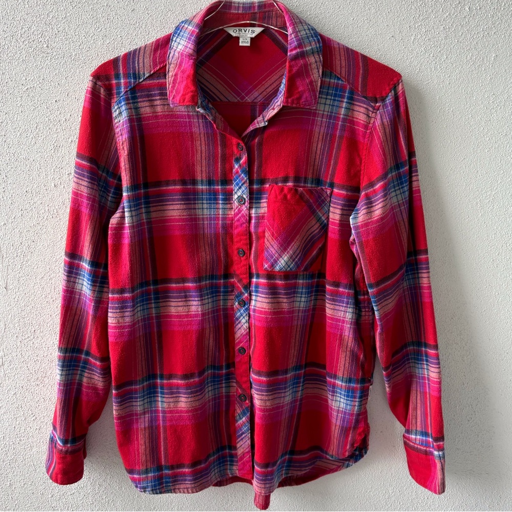 Orvis‎ Women Size L Red Cotton Flannel Long Sleeve Button Shirt Cabincore Plaid